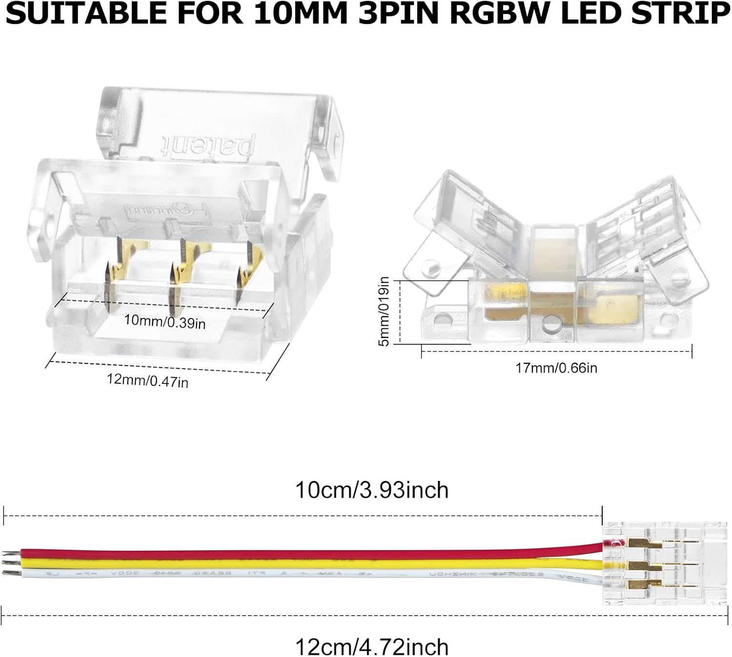 Transparente Kristall-LED-Streifenverbinder – 10 mm 3-polige lötfreie Clips | Streifen zu Kabel / Streifen zu Streifen / DC-Adapter – Lokaler Lagerbestand US/UK