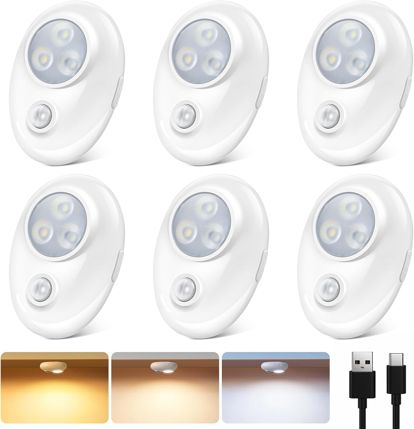 4er/6er-Pack wiederaufladbare Pebble LED-Schrankleuchte | 3 LEDs, 3 Farbmodi (3000 K / 4000 K / 6000 K) | Bewegungssensor, Tippschalter, dimmbar | Weißes Finish | Magnetbefestigung