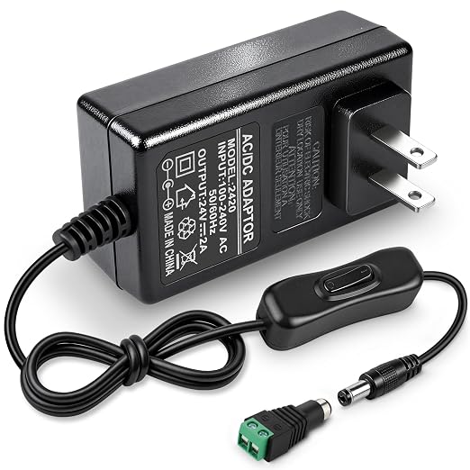 DC 24V Power Supply Adapter with On/Off Switch, 48W/72W Options, US Plug, Black Housing, 100–240V AC Input, Wall Plug Charger for LED Strip Lights and Electronics