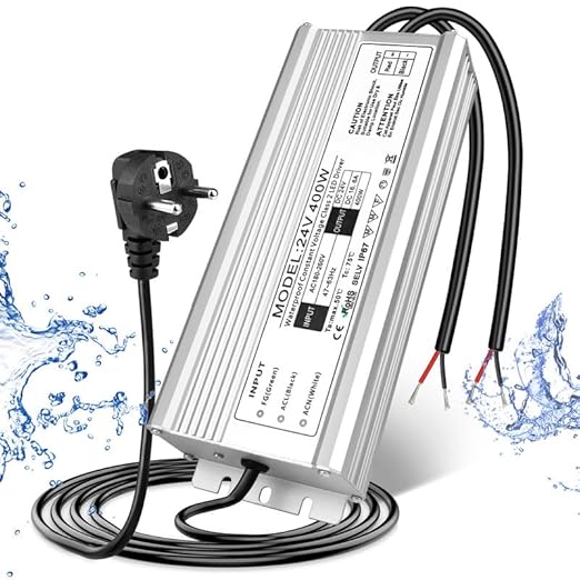 24V Waterproof LED Driver, 175–265V Input, 200W–500W, Single/Dual Wire Output, Aluminum Housing, Outdoor Power Adapter, CE/RoHS/FCC — UK/EU Plug & Wire Leads Options