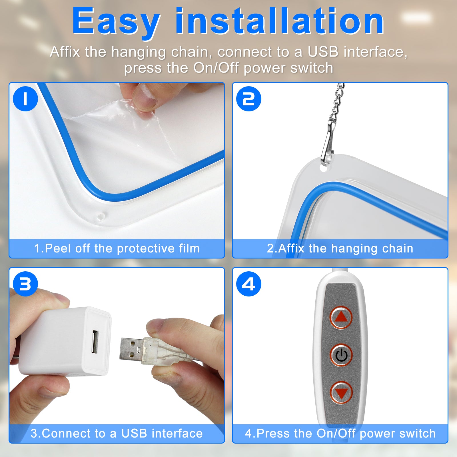 Enseigne néon OPEN – Alimentation USB | 44 x 24 cm | 6 couleurs disponibles | Suspension LED pour vitrine