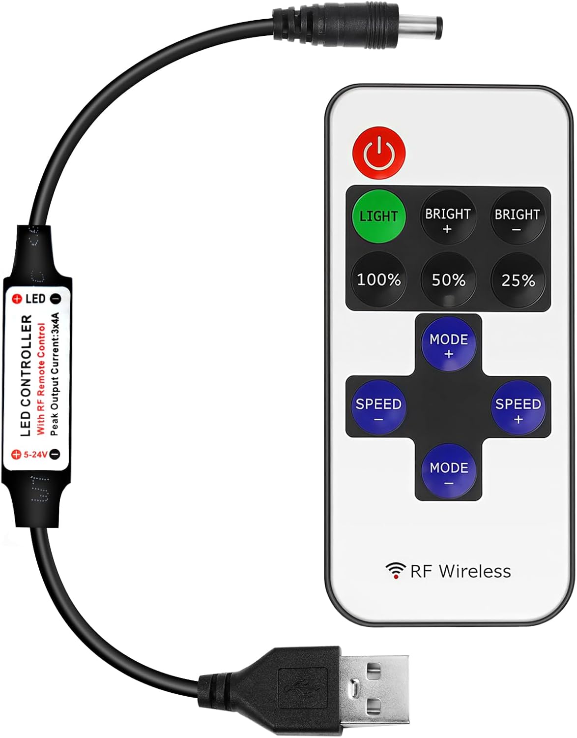 LED Strip Controller – 5V/24V – Black RF Remote with Dimmer Function | For Single Color 5050/3528 Strips