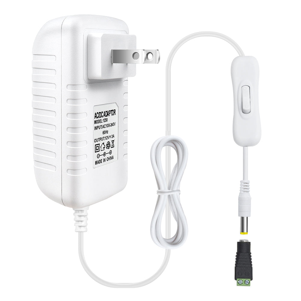 DC 12V Power Supply Adapter with On/Off Switch, 12W/24W/36W Options, US Plug, Black/White Housing, 100–240V AC Input, Wall Plug Charger for LED Strip Lights and Electronics