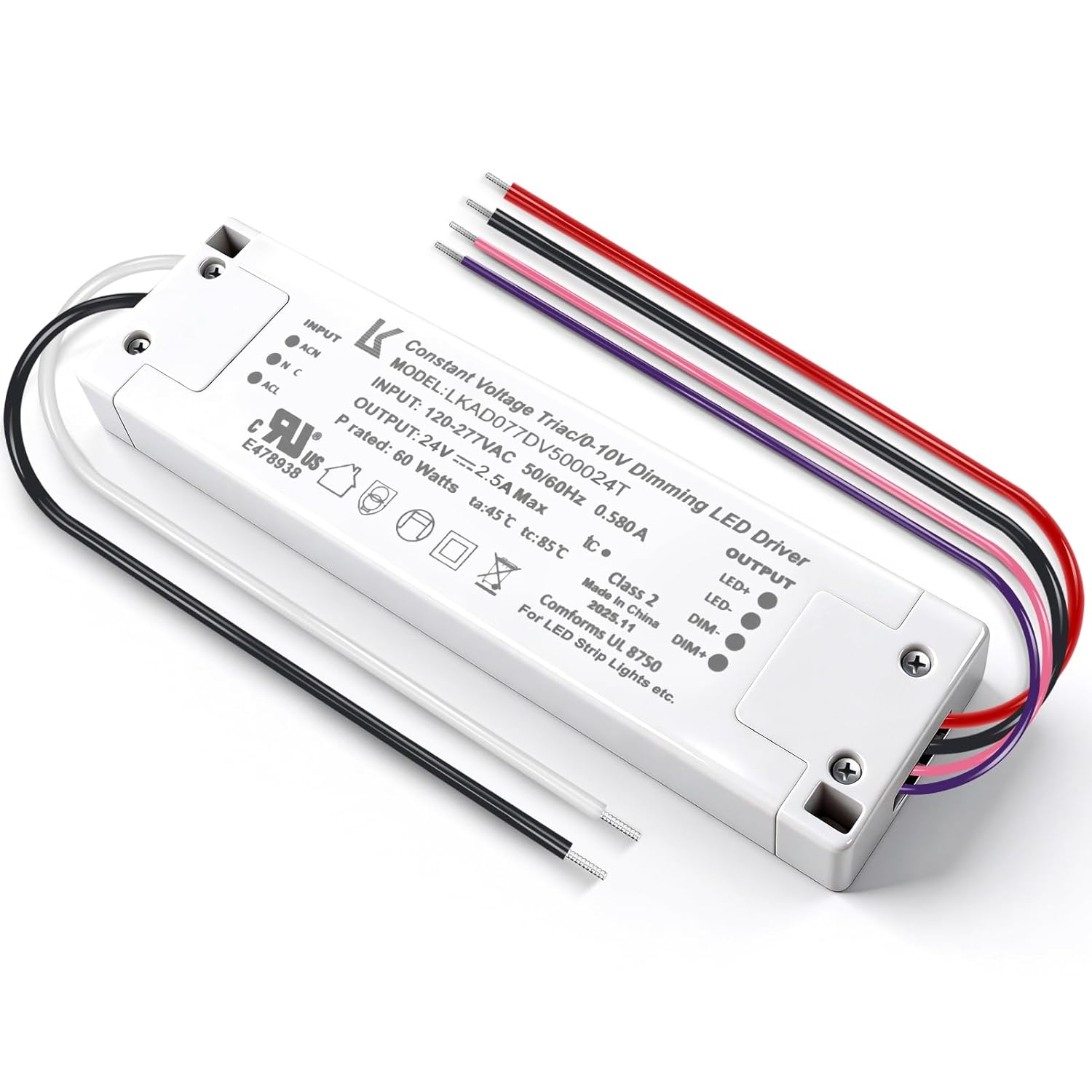 24V DC Plastic Case 5-in-1 Dimmable LED Power Supply, 60W, UL Listed, AC 120–277V Input, Waterproof Driver for Traic/ELV/0-10V/PWM/Resistive Control