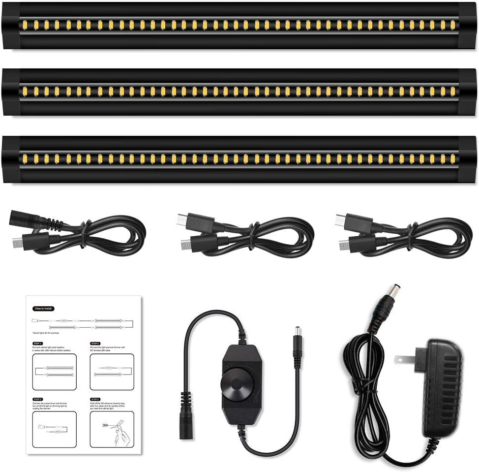 1/2/3 Pack 13 Inch Under Cabinet Light – 12V 5W | Warm / Nature White | Knob Dimmer | Adhesive Mount | Slim Design for Kitchen & Closet – Black Finish