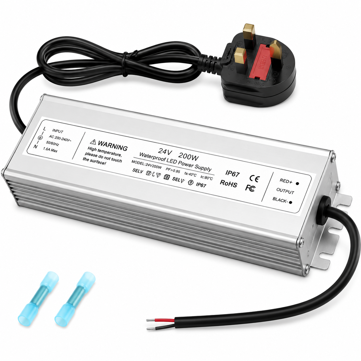 24V Waterproof LED Driver, 175–265V Input, 200W–500W, Single/Dual Wire Output, Aluminum Housing, Outdoor Power Adapter, CE/RoHS/FCC — UK/EU Plug & Wire Leads Options
