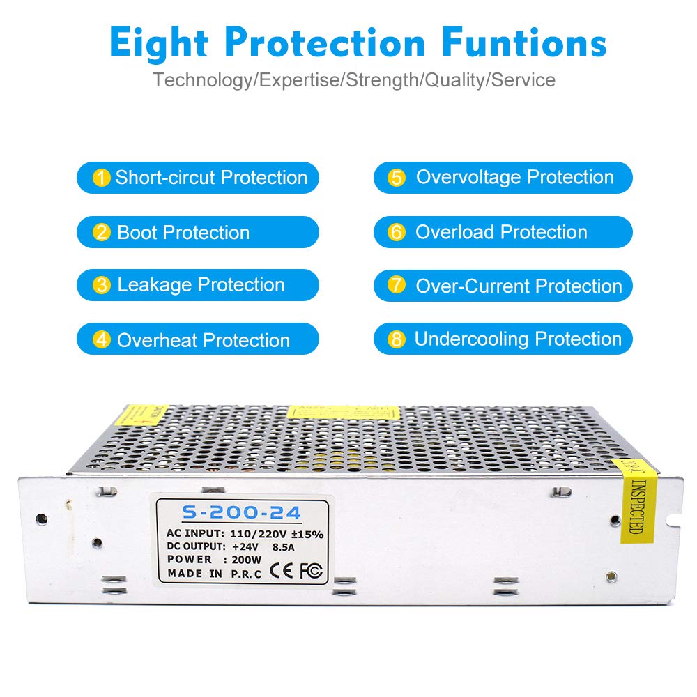 DC 12V/24V Switching Power Supply 60W–250W, AC 110/220V Input, Constant Voltage LED Driver Transformer, Metal Case with Screw Terminals, CE/FCC/RoHS Certified