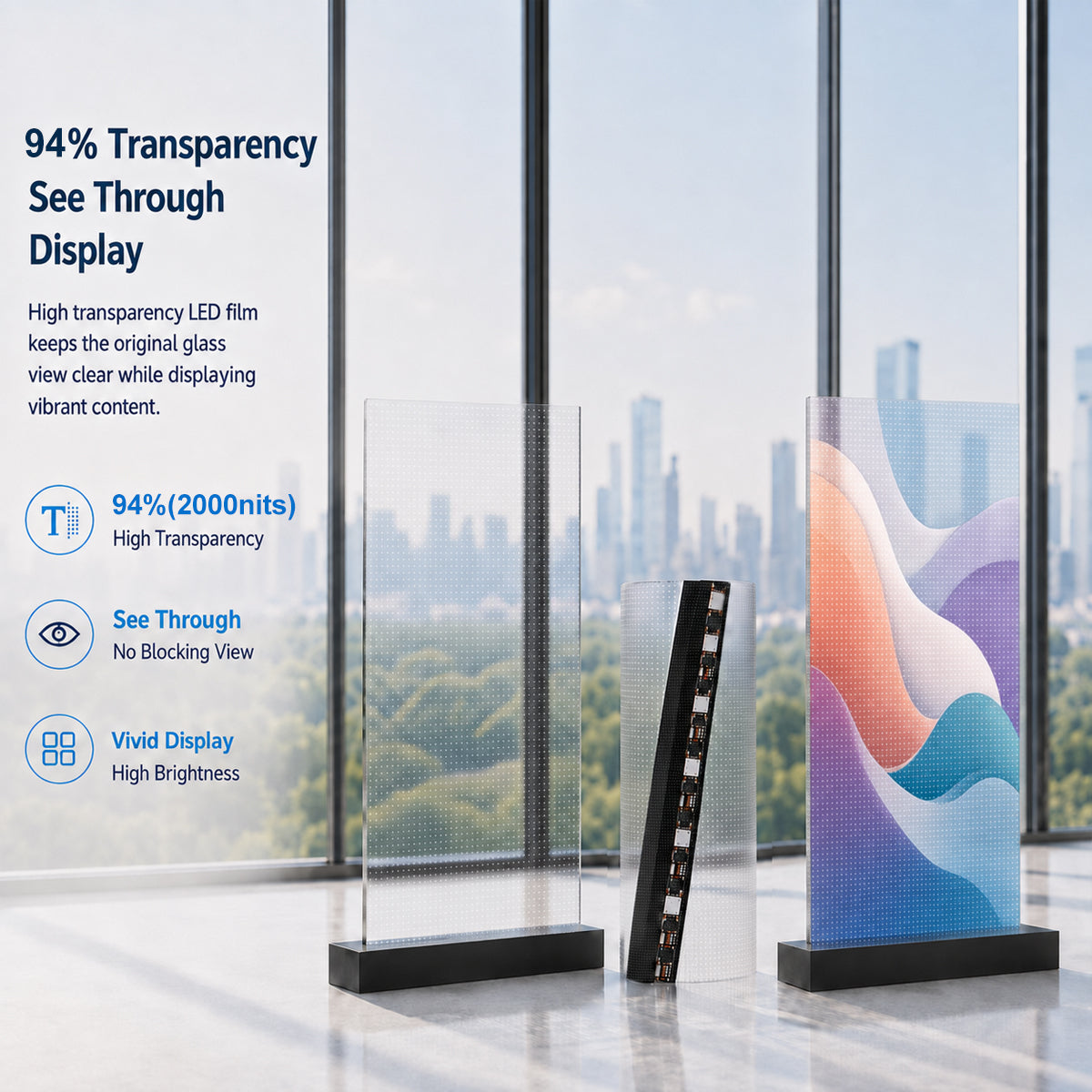 【Standard Modular Panel】HC Series P10 Large Panel Transparent Adhesive LED Film – 400×1000 mm (15.75×39.37 in) | 2000 / 4000nits | 94% / 89% Transparency Glass Sticker Display for Storefront Facades & Glass Walls | Multiple Kit Options | Plug & Play