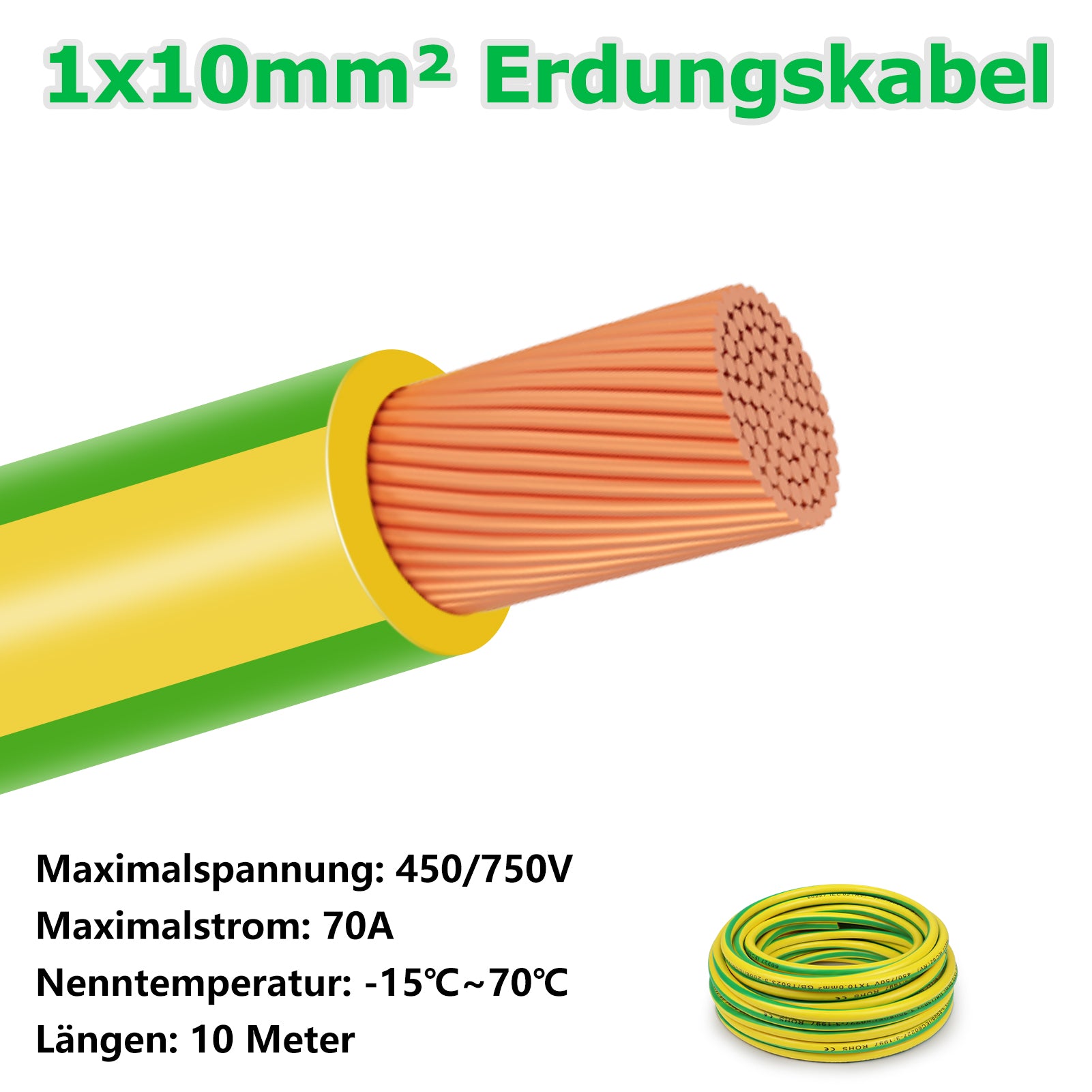 10mm² Electrical Earth Wire 10m–30m, Flexible Green-Yellow Ground Cable PVC Insulated, Heavy Duty Wiring for Grounding, Power and Industrial Installations