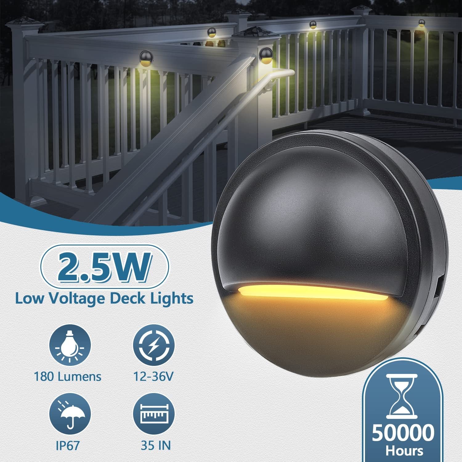 Low Voltage LED Deck Lights - 2.5W | 3000K / 4000K | AC/DC 12–36V | IP67 Waterproof | Outdoor Lights for Walkway Stair Post Railing | 6 /12-Pack