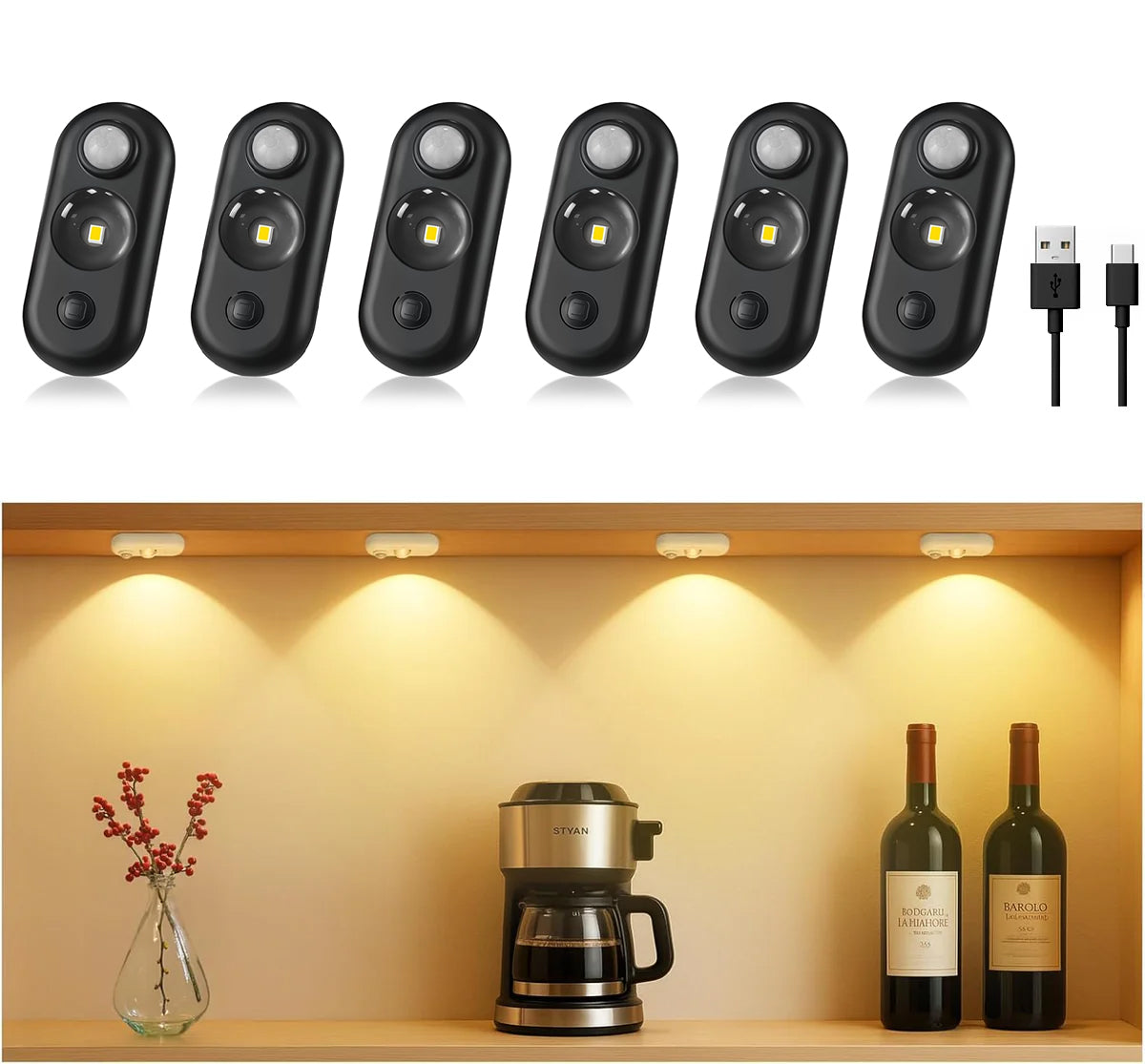 4er/6er-Pack wiederaufladbare ovale LED-Schrankleuchte | Bewegungssensor, Tippschalter, dimmbar | Warm-/Tageslichtweiß | Schwarz-/Weiß-Finish | Magnethalterung für Schränke und Vitrinen