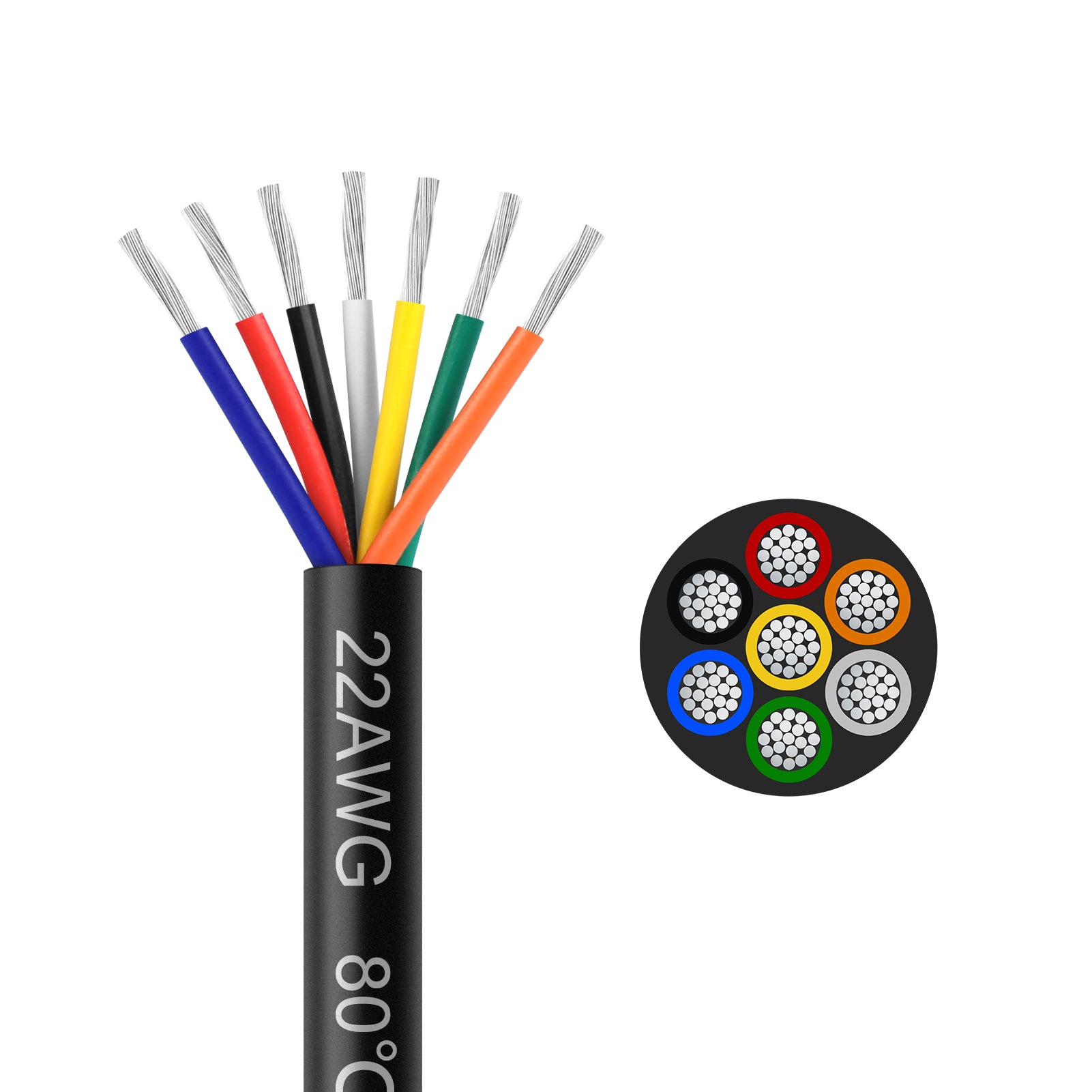 22 AWG Electrical Cable, 6/7/8 Core Stranded Tinned Copper Multi-Conductor Wire, Black/White PVC Sheathed Flexible Control Wire, 10/20/50m (33ft–165ft) Options