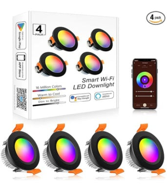 Smart WiFi Recessed Lighting | 2Inch 5W | Dimmable RGB & CCT 2700-6500K | 100–240V | Black Housing | Compatible with Alexa and Google Home | 4 / 6 / 10-Pack