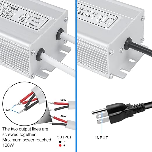 24V Waterproof LED Power Supply 30W–300W, 90–265V Input, Single/Dual Wire Output, Aluminum Housing, Outdoor LED Driver, CE/RoHS/FCC — US/UK/EU Plug & Wire Leads Options