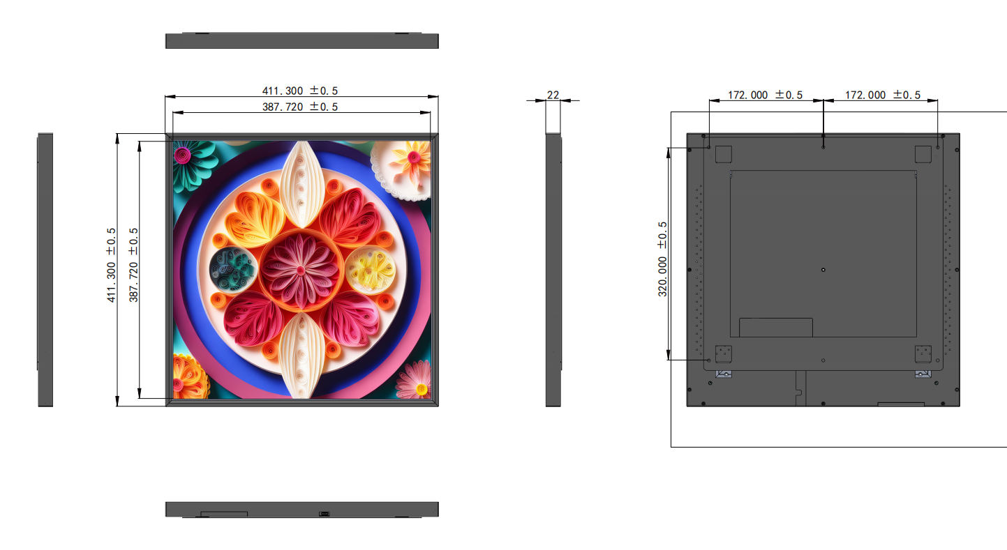 SL-Serie 22 Zoll (387,7 × 387,7 mm sichtbar) 22 mm ultraschlanker quadratischer LCD-Bildschirm, berührungslos, Inhalts-Upload über Dadonlion-Plattform/USB-Disk