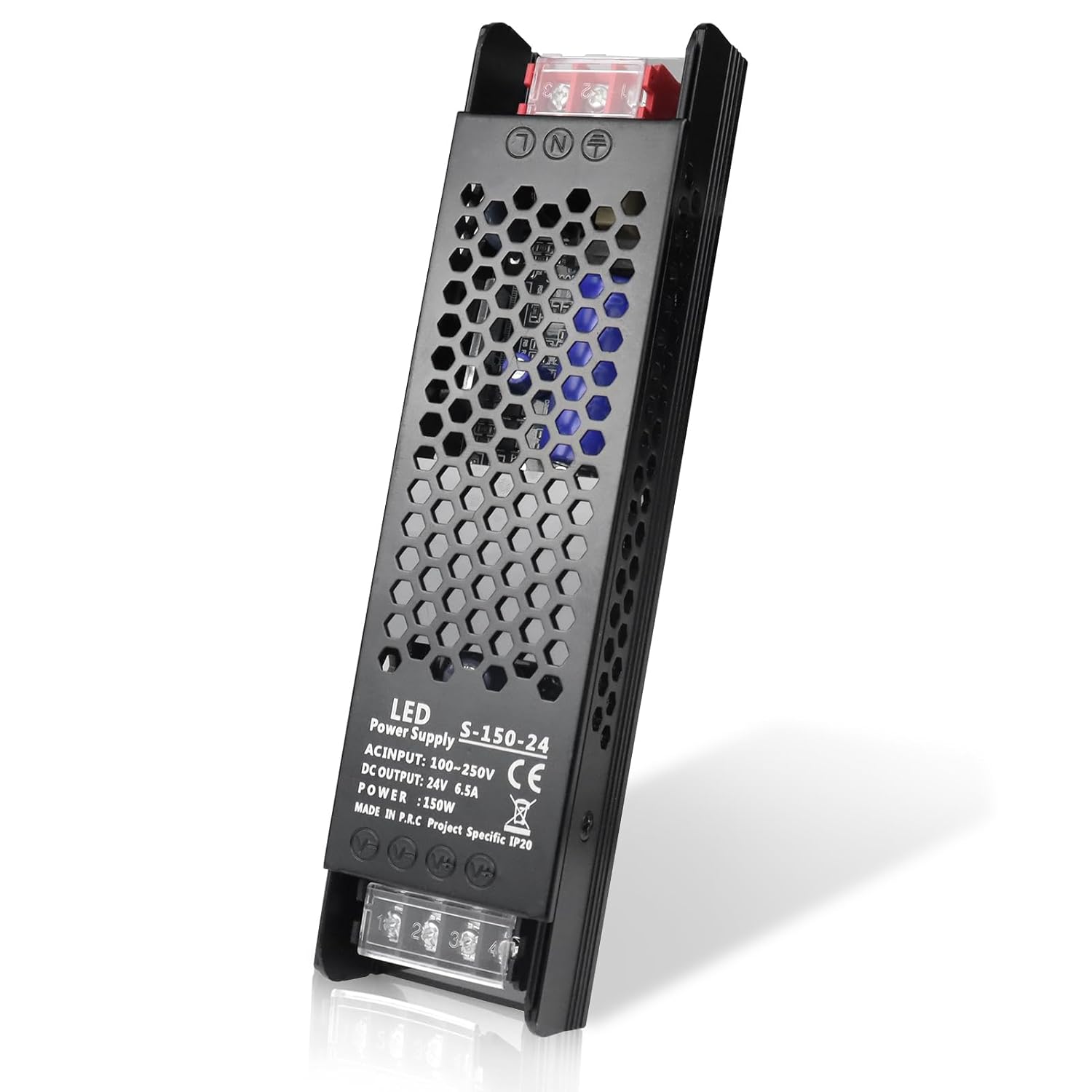 DC 12V/24V Slim Black Switching Power Supply 36W–200W, AC 110–250V Input, Narrow Type LED Transformer, Compact Metal Housing, CE/FCC/RoHS Certified