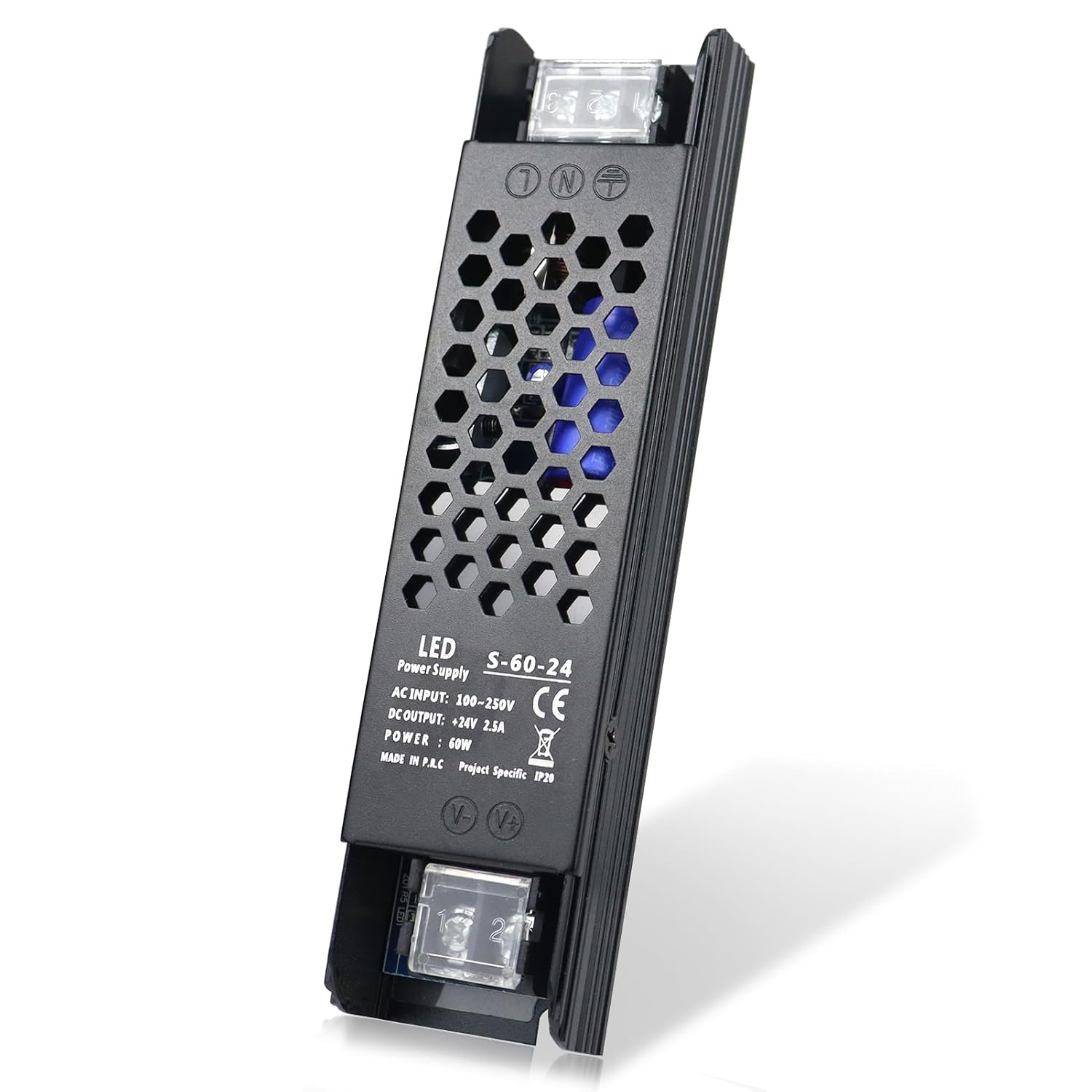 DC 12V/24V Slim Black Switching Power Supply 36W–200W, AC 110–250V Input, Narrow Type LED Transformer, Compact Metal Housing, CE/FCC/RoHS Certified