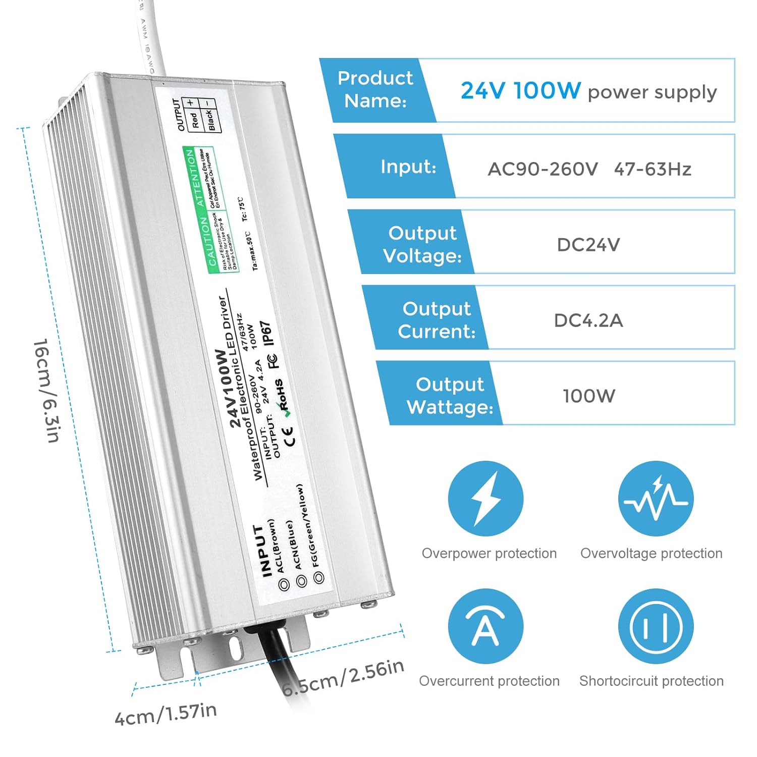 24V Waterproof LED Power Supply 30W–300W, 90–265V Input, Single/Dual Wire Output, Outdoor LED Driver, CE/RoHS/FCC — US/UK/EU Plug & Wire Leads Options
