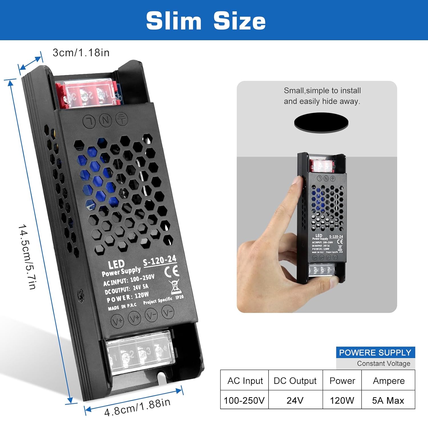 DC 12V/24V Slim Black Switching Power Supply 36W–200W, AC 110–250V Input, Narrow Type LED Transformer, Compact Metal Housing, CE/FCC/RoHS Certified