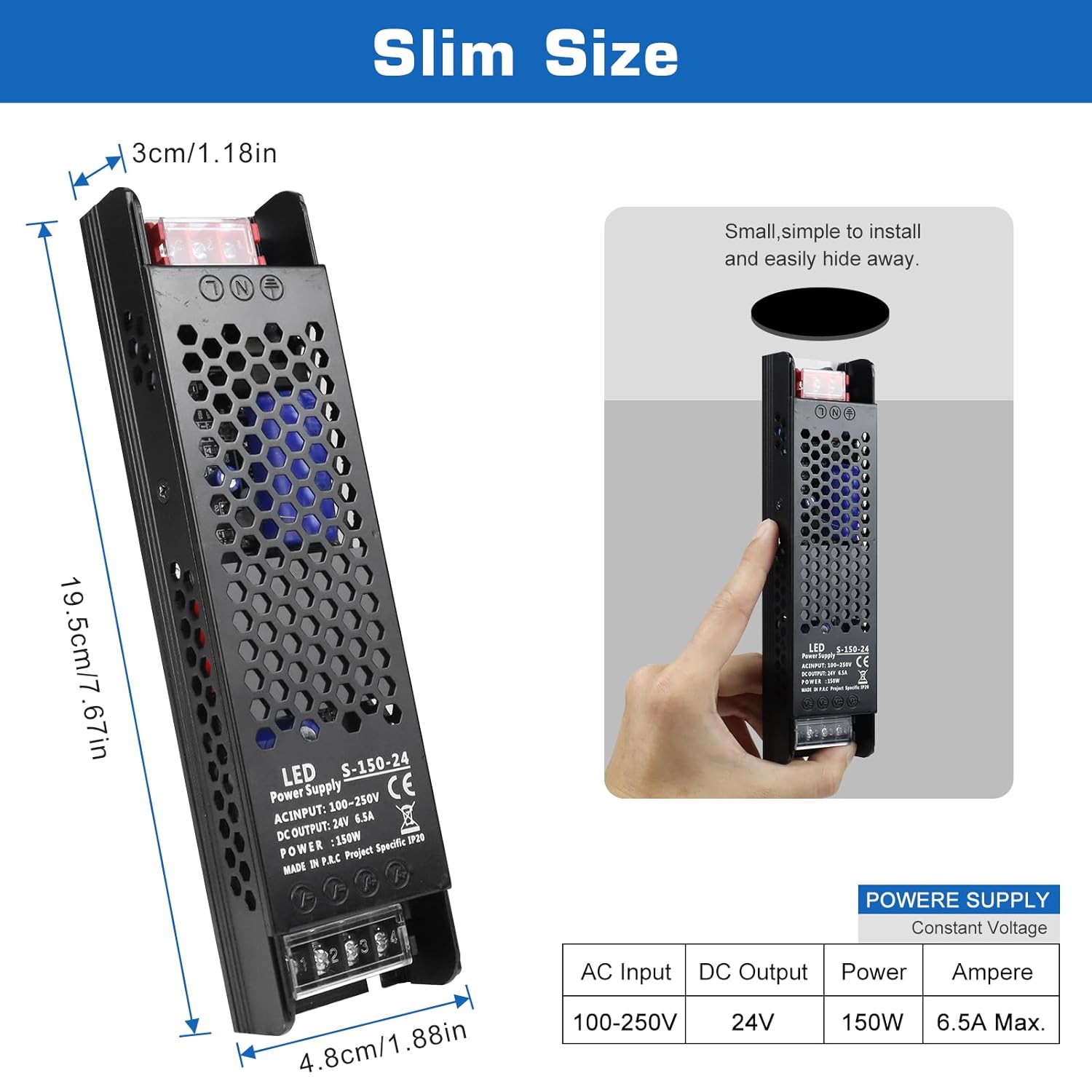 DC 12V/24V Slim Black Switching Power Supply 36W–200W, AC 110–250V Input, Narrow Type LED Transformer, Compact Metal Housing, CE/FCC/RoHS Certified
