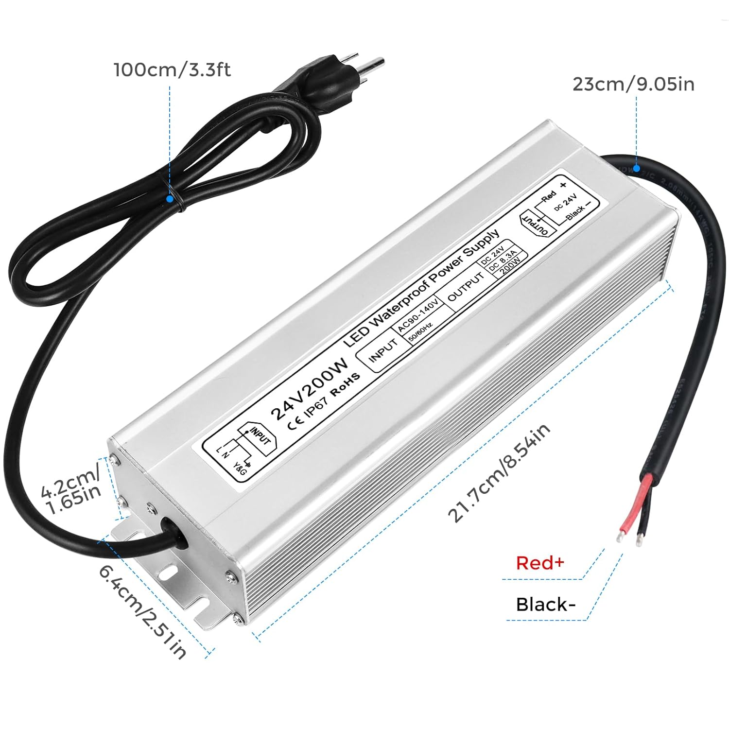 Transformateur LED étanche 24 V, entrée 90-140 V, 200-500 W, sortie simple/double fil, CE/RoHS/FCC — Fiche et câbles américains, adaptateur d'éclairage extérieur