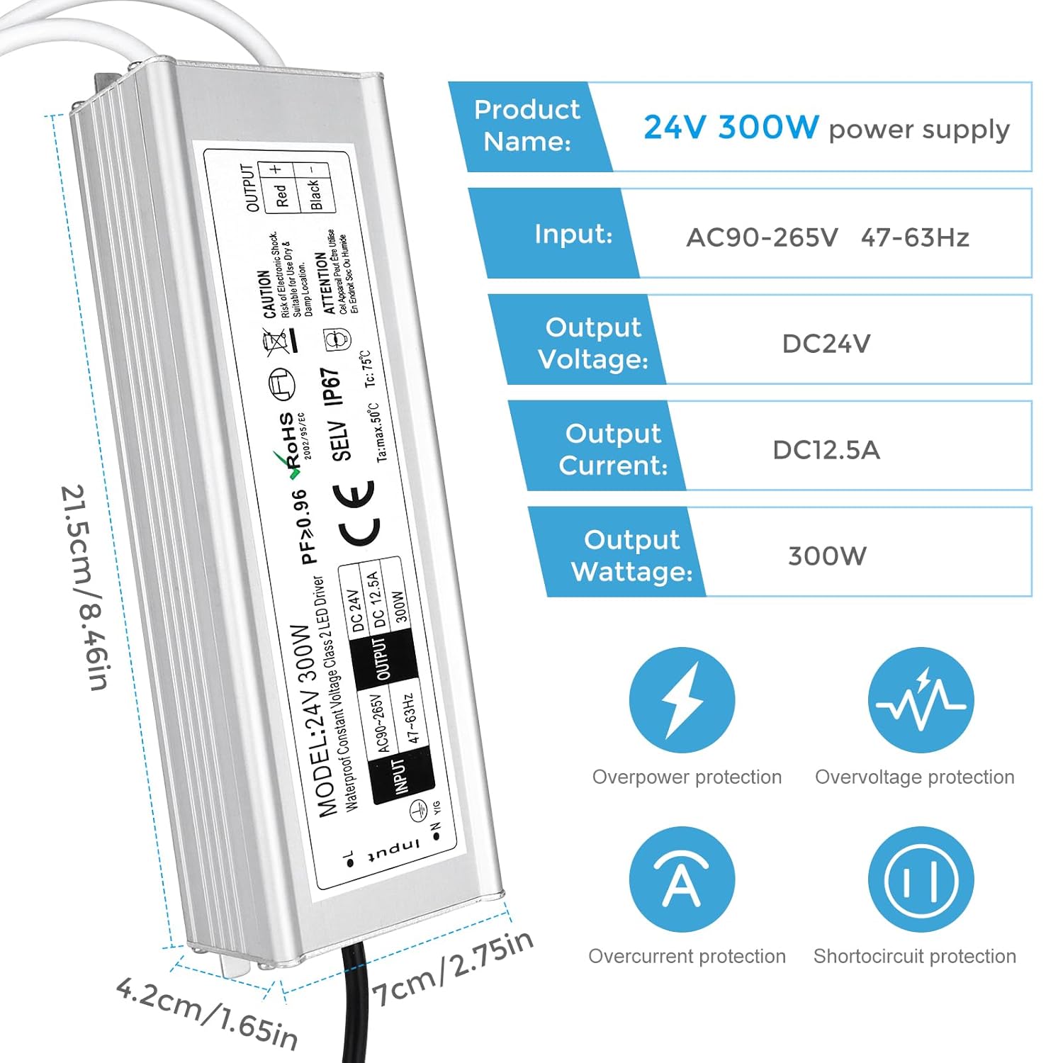 24V Waterproof LED Power Supply 30W–300W, 90–265V Input, Single/Dual Wire Output, Outdoor LED Driver, CE/RoHS/FCC — US/UK/EU Plug & Wire Leads Options