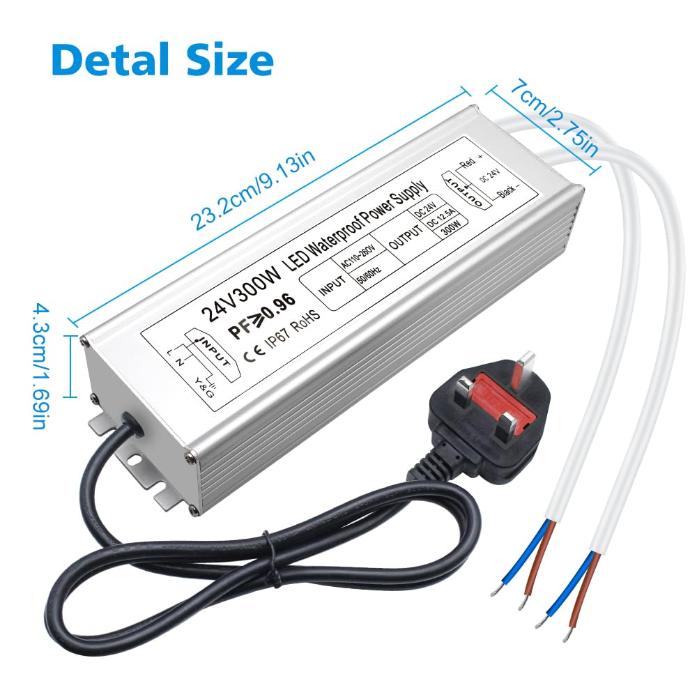 24V Waterproof LED Power Supply 30W–300W, 90–265V Input, Single/Dual Wire Output, Outdoor LED Driver, CE/RoHS/FCC — US/UK/EU Plug & Wire Leads Options