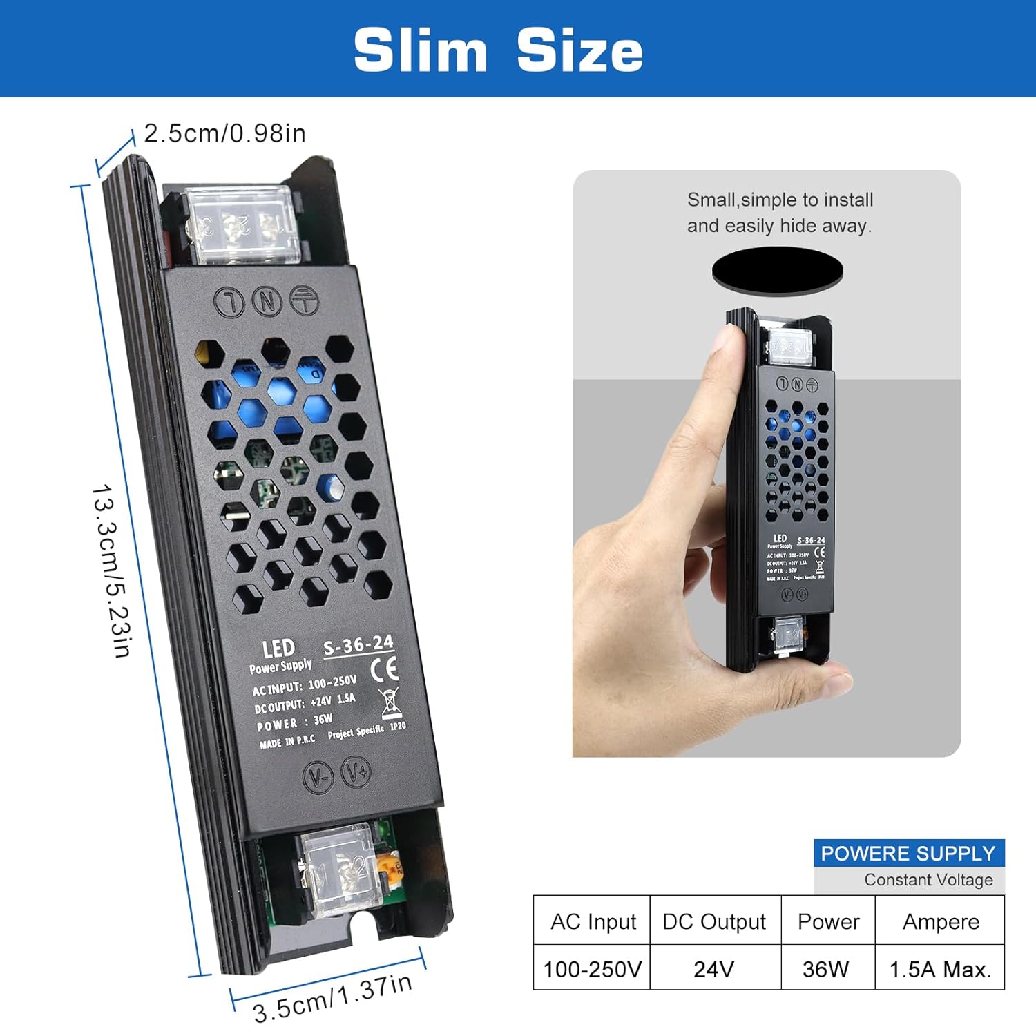 DC 12V/24V Slim Black Switching Power Supply 36W–200W, AC 110–250V Input, Narrow Type LED Transformer, Compact Metal Housing, CE/FCC/RoHS Certified