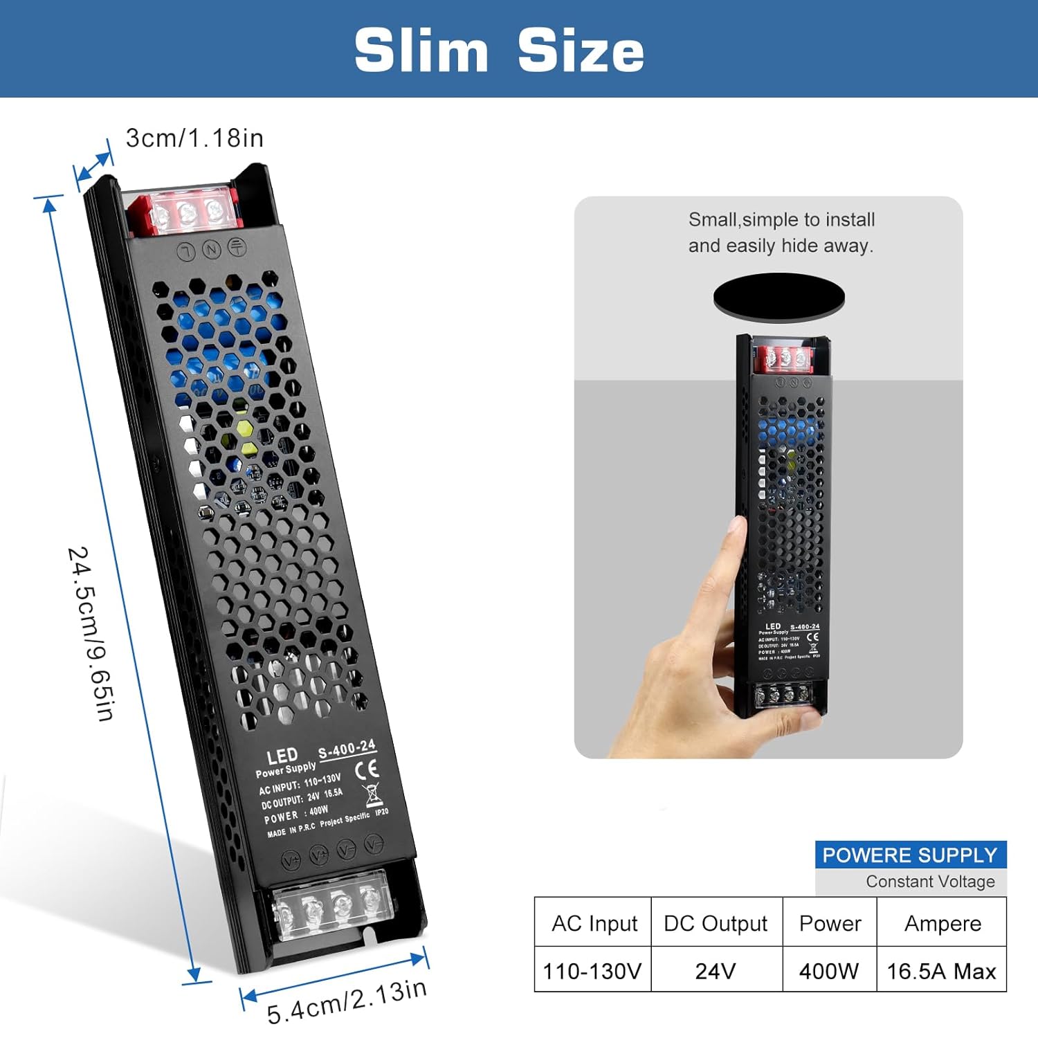 DC 12V/24V Slim Black Switching Power Supply 300W–400W, AC 110–130V/175–250V Input, LED Driver Transformer with Built-in Cooling Fan, CE/FCC/RoHS Certified
