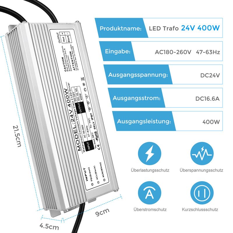 Pilote LED étanche 24 V, entrée 175–265 V, 200–500 W, sortie simple/double fil, adaptateur secteur extérieur, CE/RoHS/FCC — Options de fiches et de câbles UK/EU