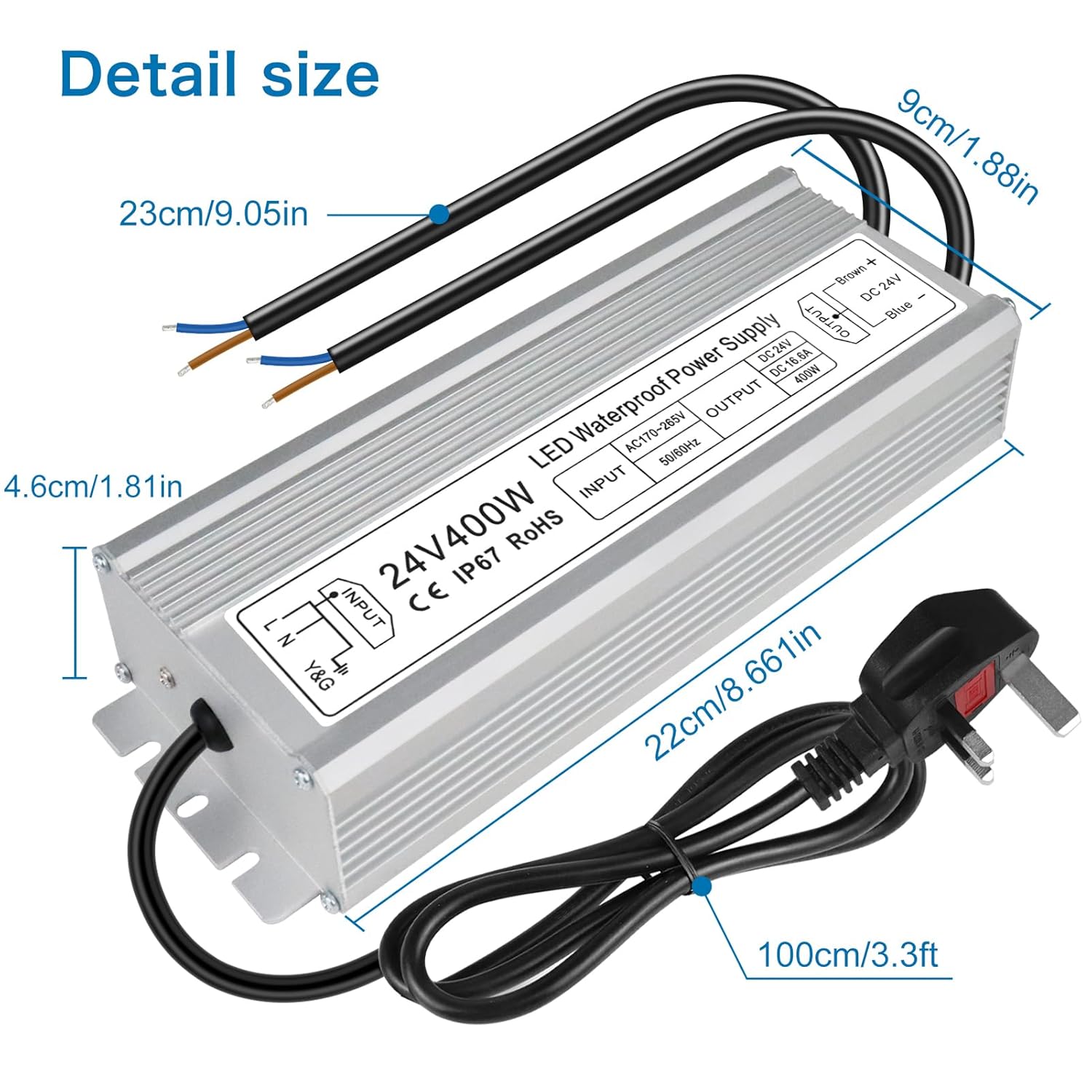 Pilote LED étanche 24 V, entrée 175–265 V, 200–500 W, sortie simple/double fil, adaptateur secteur extérieur, CE/RoHS/FCC — Options de fiches et de câbles UK/EU