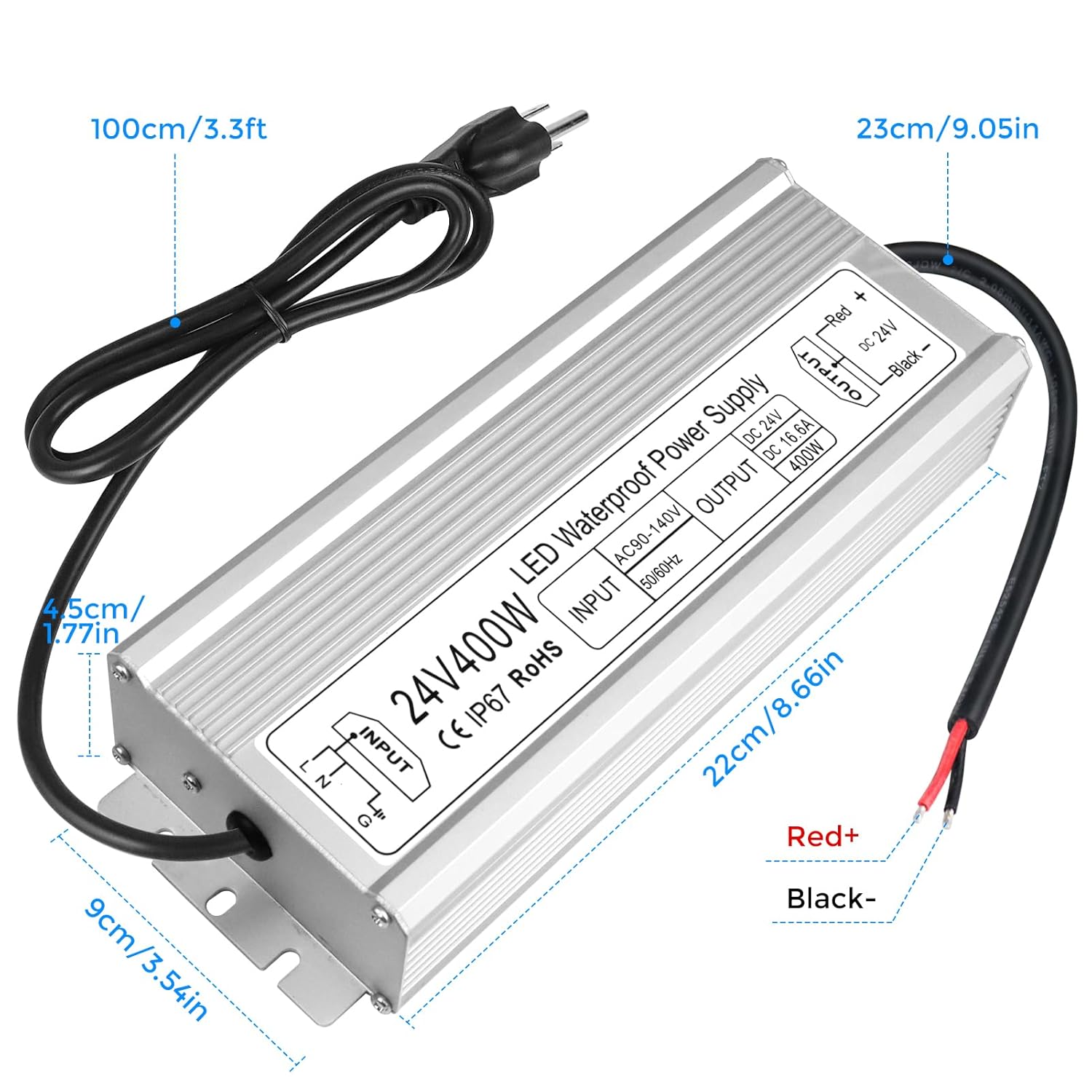 Transformateur LED étanche 24 V, entrée 90-140 V, 200-500 W, sortie simple/double fil, CE/RoHS/FCC — Fiche et câbles américains, adaptateur d'éclairage extérieur