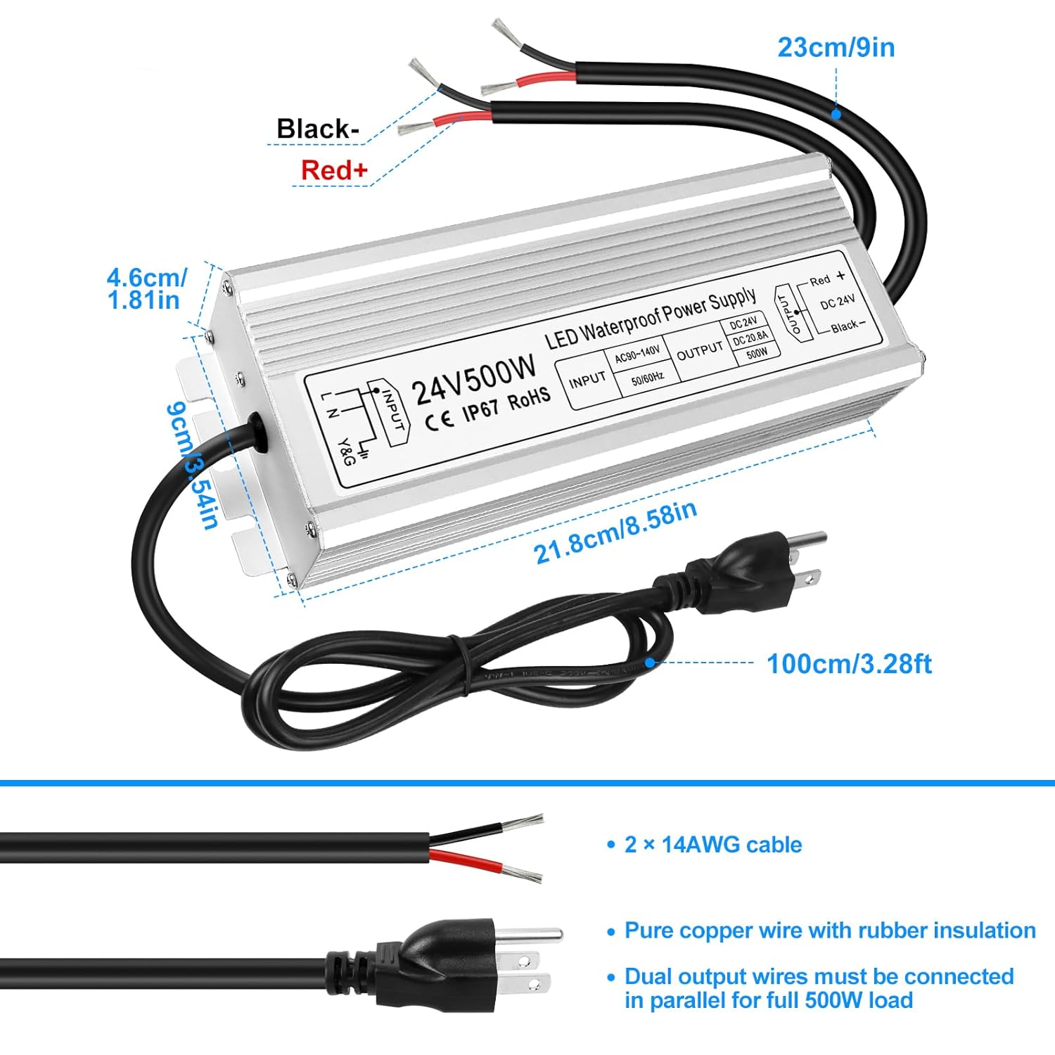 Transformateur LED étanche 24 V, entrée 90-140 V, 200-500 W, sortie simple/double fil, CE/RoHS/FCC — Fiche et câbles américains, adaptateur d'éclairage extérieur