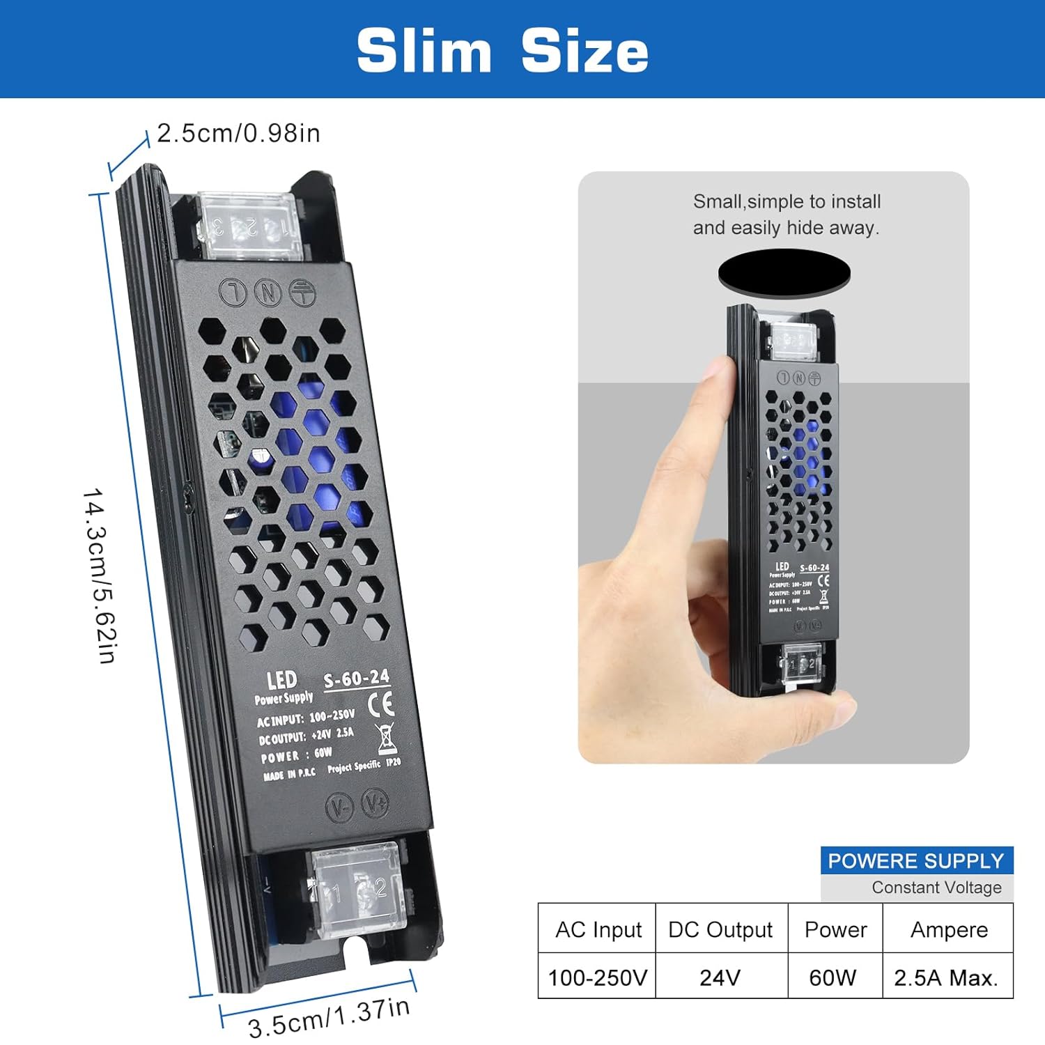 DC 12V/24V Slim Black Switching Power Supply 36W–200W, AC 110–250V Input, Narrow Type LED Transformer, Compact Metal Housing, CE/FCC/RoHS Certified