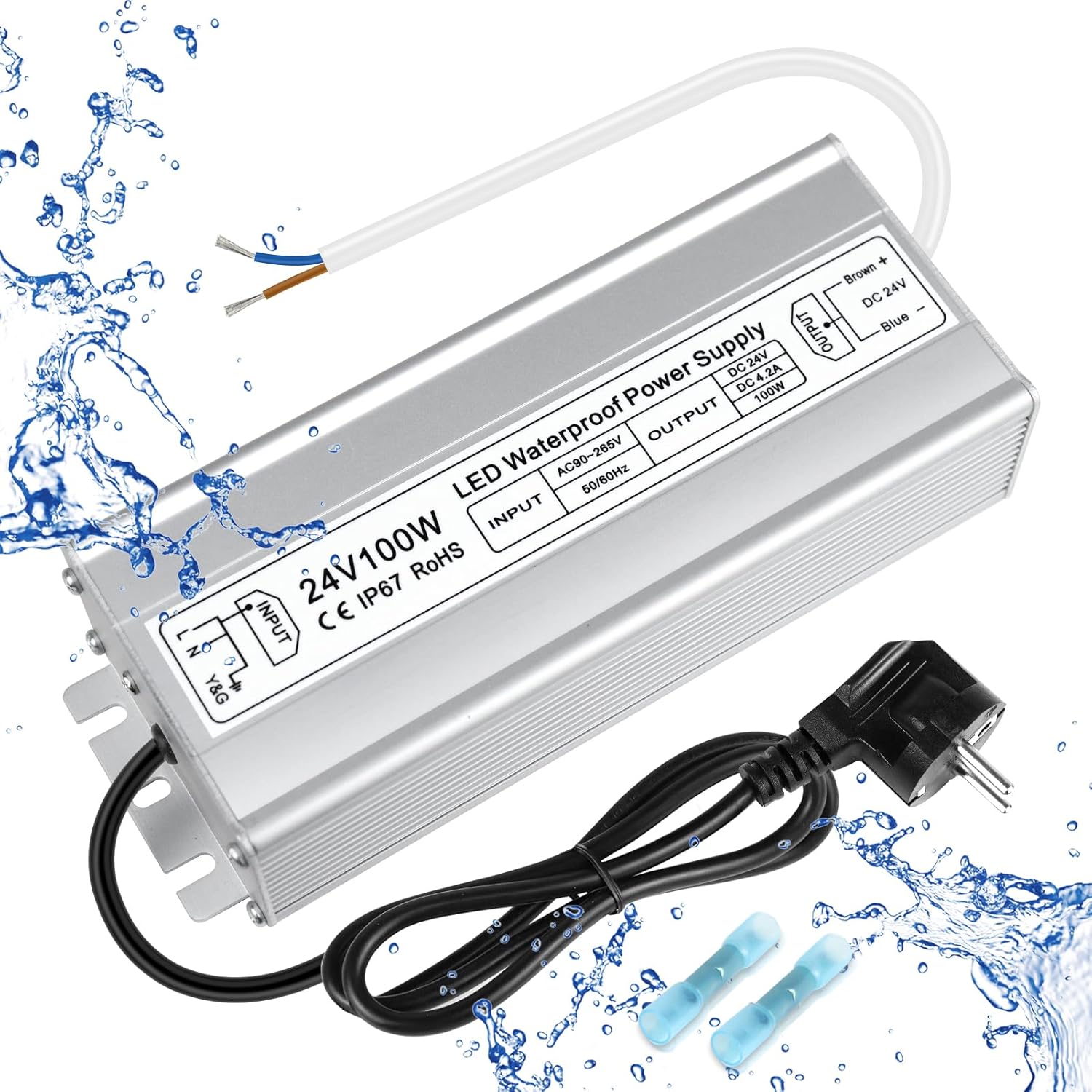 24V Waterproof LED Power Supply 30W–300W, 90–265V Input, Single/Dual Wire Output, Outdoor LED Driver, CE/RoHS/FCC — US/UK/EU Plug & Wire Leads Options