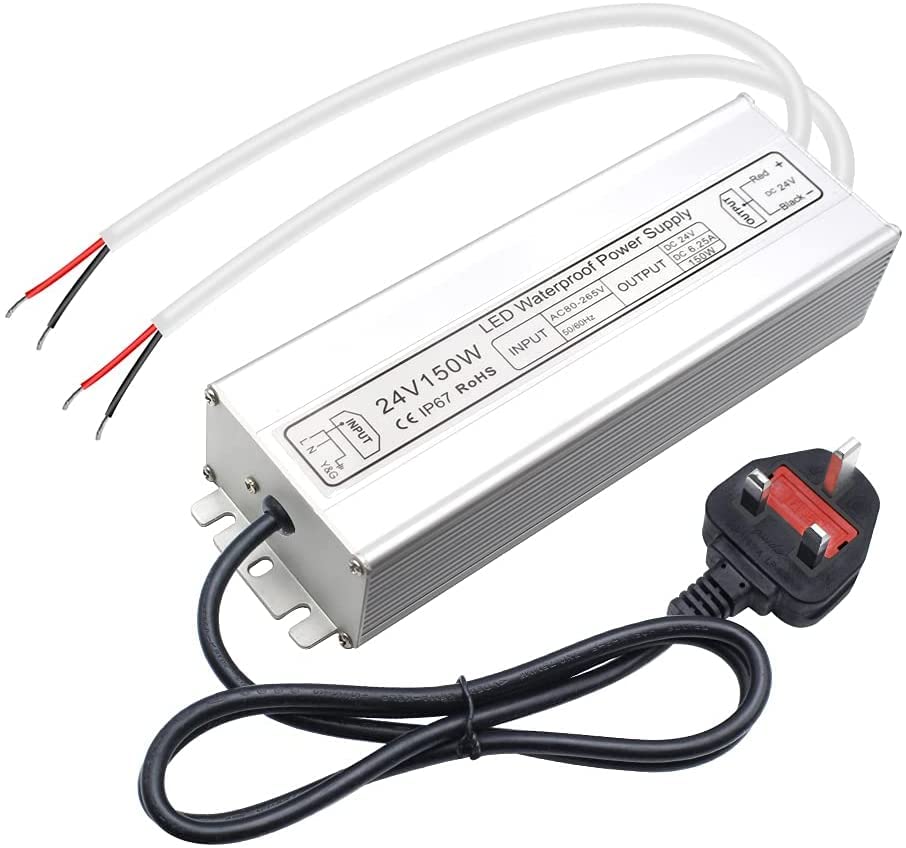 24V Waterproof LED Power Supply 30W–300W, 90–265V Input, Single/Dual Wire Output, Outdoor LED Driver, CE/RoHS/FCC — US/UK/EU Plug & Wire Leads Options