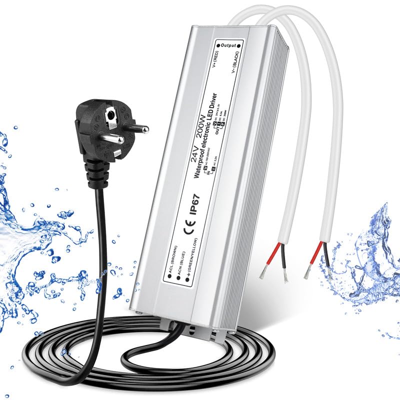 Pilote LED étanche 24 V, entrée 175–265 V, 200–500 W, sortie simple/double fil, adaptateur secteur extérieur, CE/RoHS/FCC — Options de fiches et de câbles UK/EU