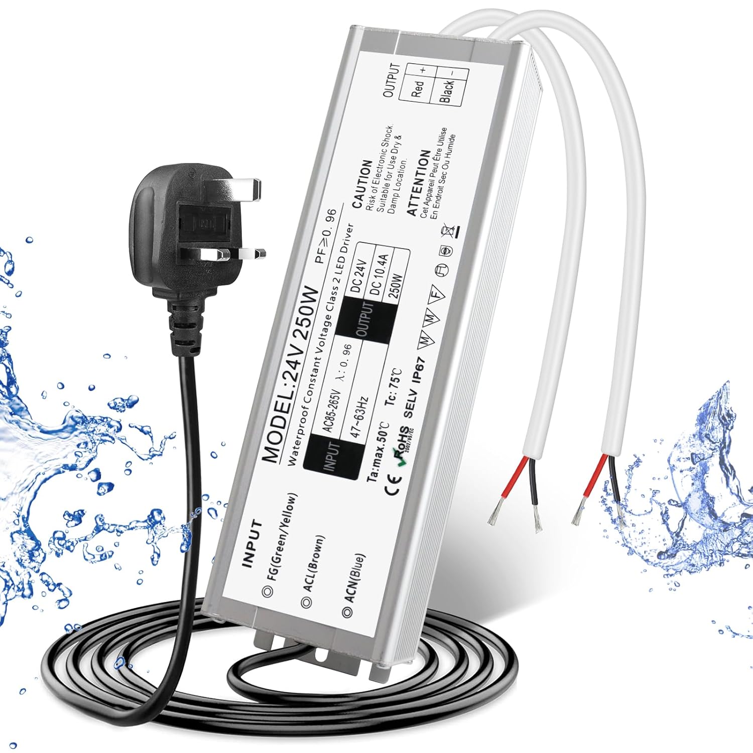 24V Waterproof LED Power Supply 30W–300W, 90–265V Input, Single/Dual Wire Output, Outdoor LED Driver, CE/RoHS/FCC — US/UK/EU Plug & Wire Leads Options