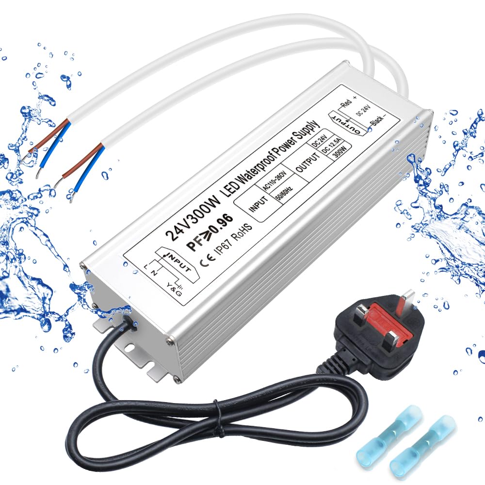 24V Waterproof LED Power Supply 30W–300W, 90–265V Input, Single/Dual Wire Output, Outdoor LED Driver, CE/RoHS/FCC — US/UK/EU Plug & Wire Leads Options