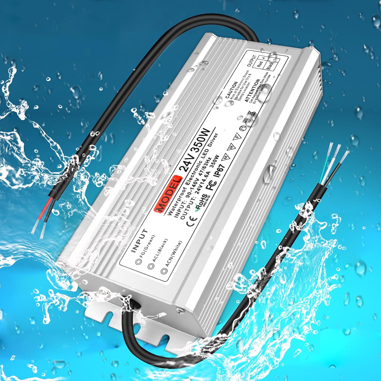 Transformateur LED étanche 24 V, entrée 90-140 V, 200-500 W, sortie simple/double fil, CE/RoHS/FCC — Fiche et câbles américains, adaptateur d'éclairage extérieur