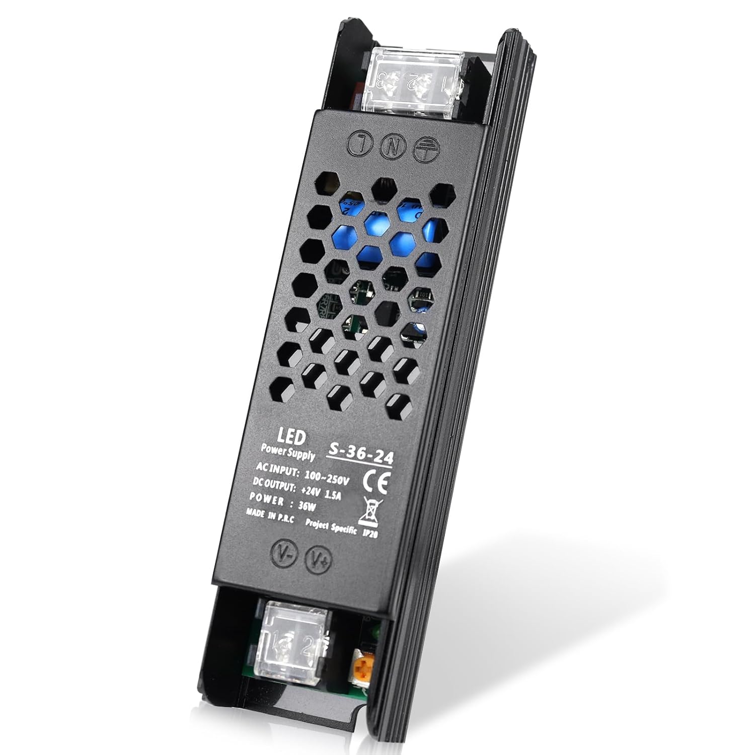 DC 12V/24V Slim Black Switching Power Supply 36W–200W, AC 110–250V Input, Narrow Type LED Transformer, Compact Metal Housing, CE/FCC/RoHS Certified