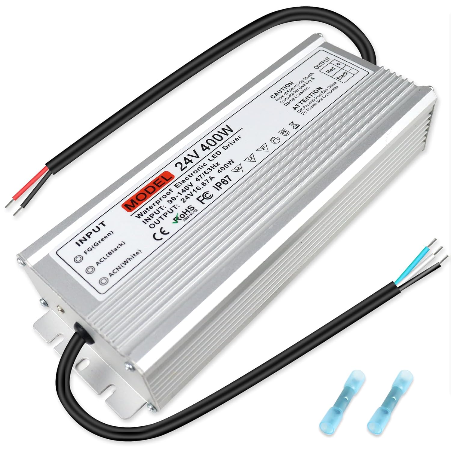 Transformateur LED étanche 24 V, entrée 90-140 V, 200-500 W, sortie simple/double fil, CE/RoHS/FCC — Fiche et câbles américains, adaptateur d'éclairage extérieur