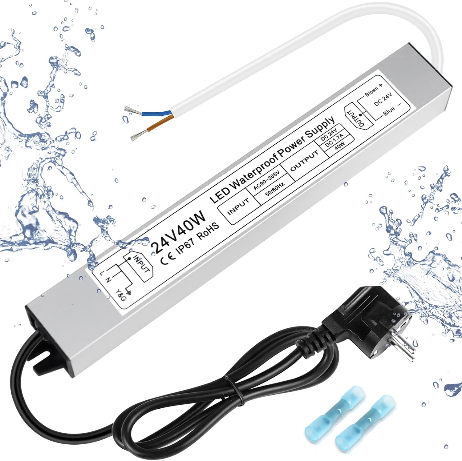 24V Waterproof LED Power Supply 30W–300W, 90–265V Input, Single/Dual Wire Output, Outdoor LED Driver, CE/RoHS/FCC — US/UK/EU Plug & Wire Leads Options