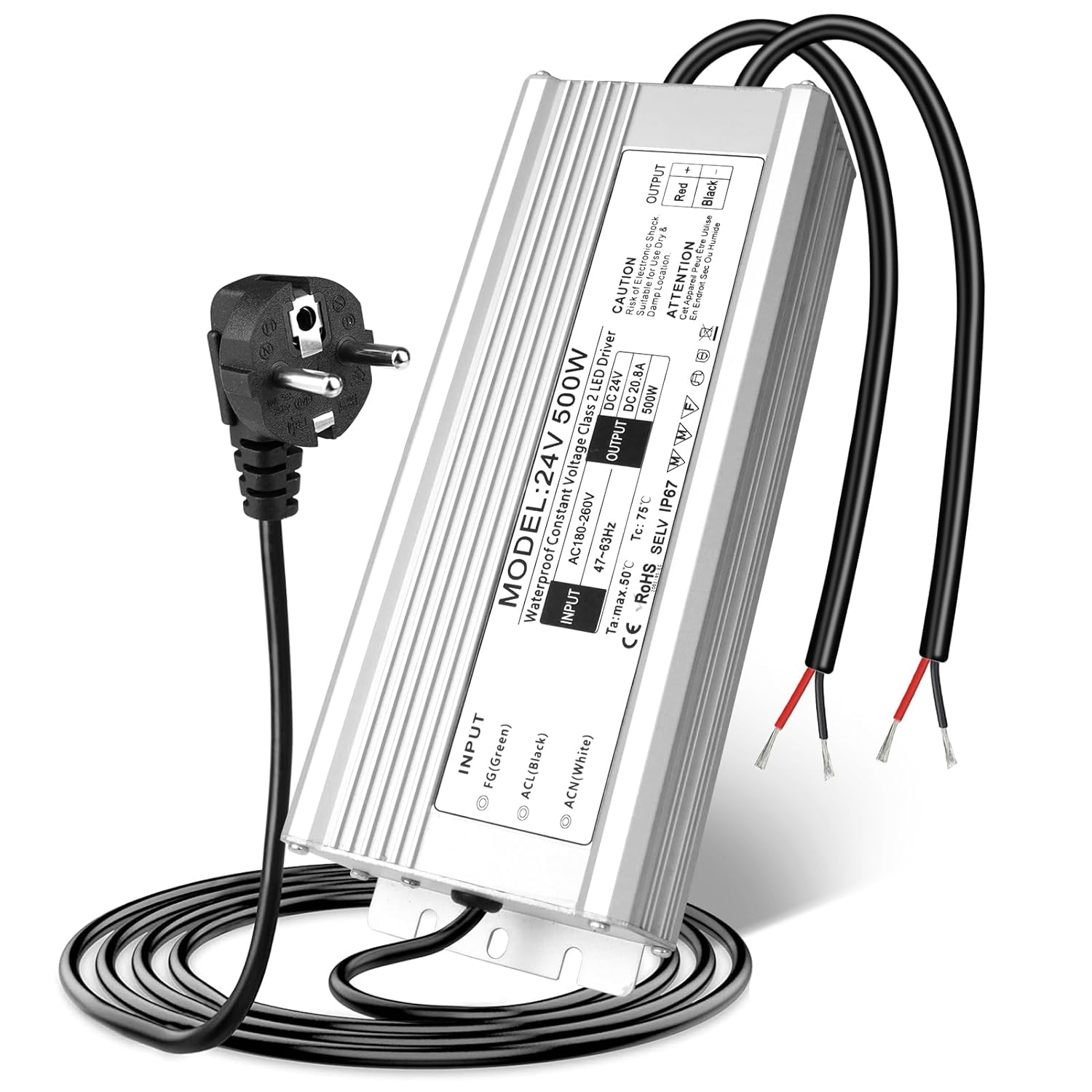 Pilote LED étanche 24 V, entrée 175–265 V, 200–500 W, sortie simple/double fil, adaptateur secteur extérieur, CE/RoHS/FCC — Options de fiches et de câbles UK/EU