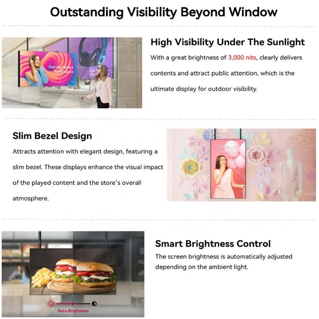 65" einseitiges 2500 Nits High Bright Window LCD-Posterdisplay, Android RK3568 2G+32G, ohne Touch, Cloud/APP/USB, Wandmontage/Bodenständer/Hängemontage