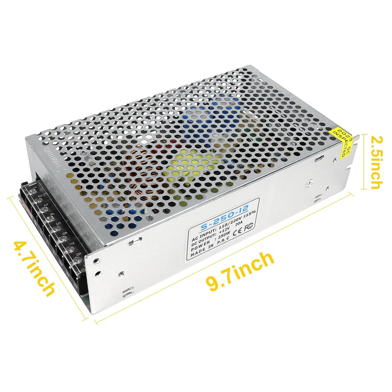 DC 12V/24V Switching Power Supply 60W–250W, AC 110/220V Input, Constant Voltage LED Driver Transformer, Metal Case with Screw Terminals, CE/FCC/RoHS Certified