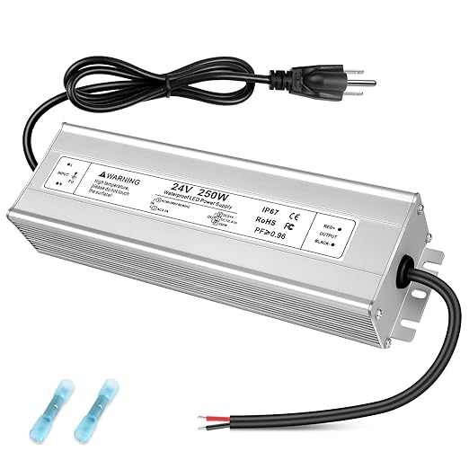24V Waterproof LED Power Supply 30W–300W, 90–265V Input, Single/Dual Wire Output, Aluminum Housing, Outdoor LED Driver, CE/RoHS/FCC — US/UK/EU Plug & Wire Leads Options
