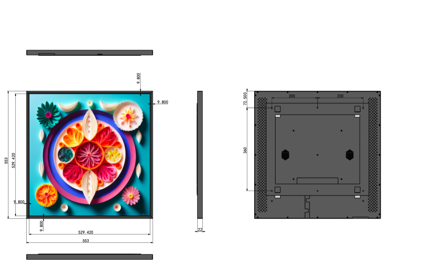 SL Series 29.5 Inch (529.4×529.4mm Viewable) 22mm Super Slim Square LCD Digital Screen, No Touch, Content Upload via Dadonlion Platform / USB Disk
