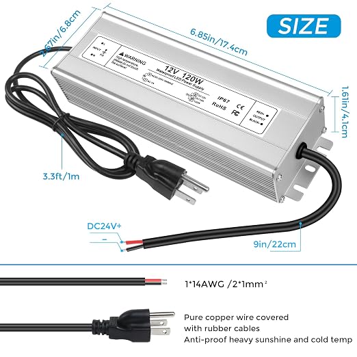 12V Waterproof LED Power Supply 30W–280W, 90–265V Input, Single/Dual Wire Output, Aluminum Housing, Outdoor LED Driver, CE/RoHS/FCC —US/UK/EU Plug & Wire Leads Options