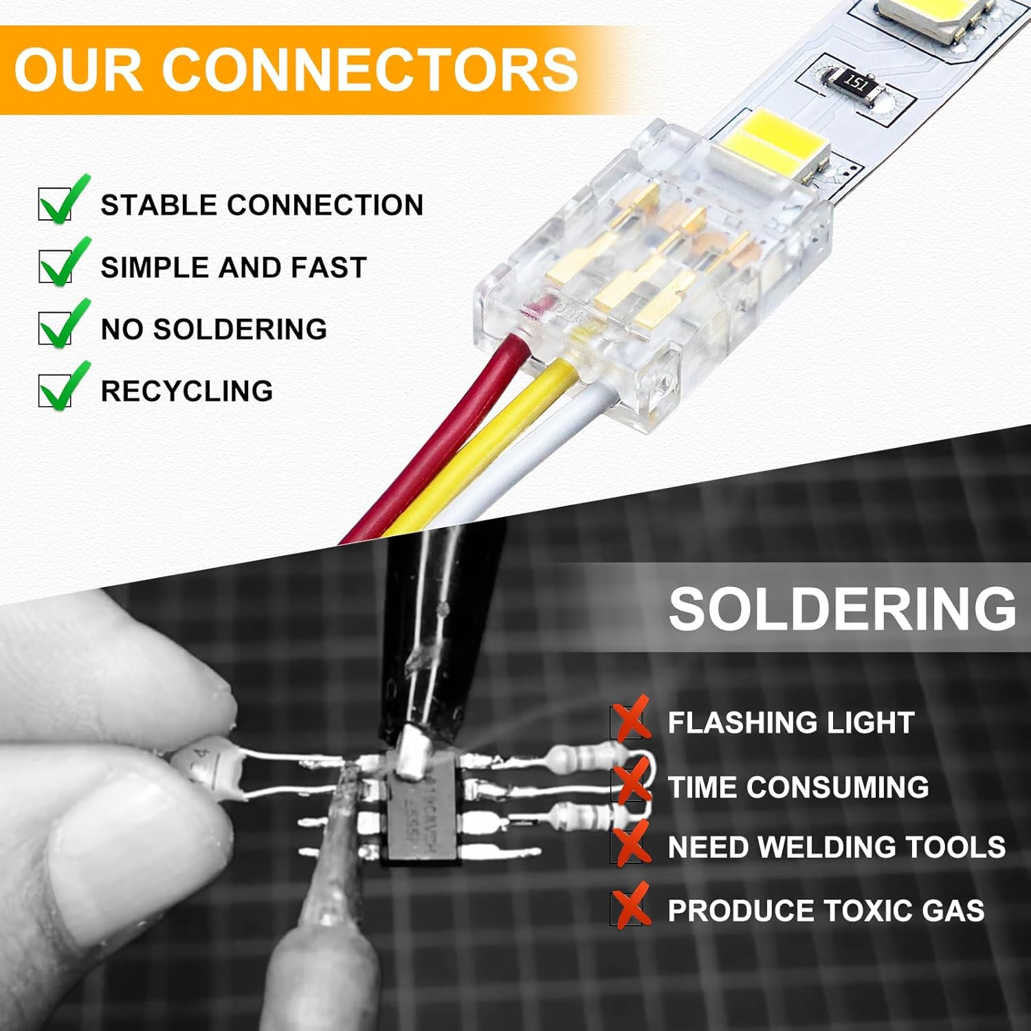 Transparent Crystal LED Strip Connectors – 10mm 3Pin Solderless Clips | Strip to Wire / Strip to Strip / DC Adapter – Local Stock US/UK